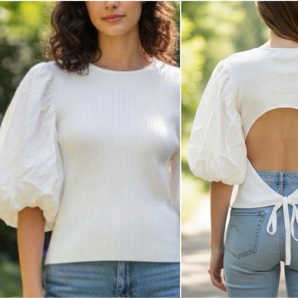 En Saison NWT Maxime Puff Sleeve Ribbed Knit Top White Women's Med Open Back Tie